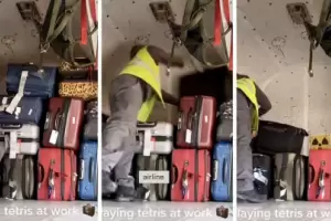 Un empleado de aeropuerto mostr el "juego de tetris" que enfrentan al apilar los equipajes