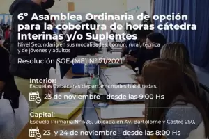Convocatoria para la 6 Asamblea Ordinaria de opcin para la cobertura de horas ctedras del nivel secundario
