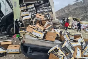 Dos camiones volcaron y la gente se pele para llevarse la mercadera desparramada