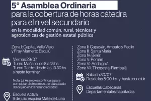 Anuncian la 5 Asamblea ordinaria para la cobertura de horas ctedra para nivel secundario