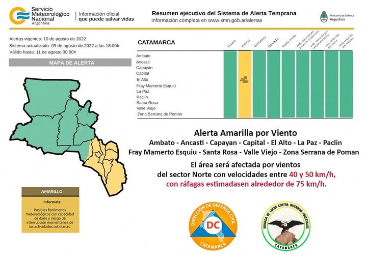 Alerta amarilla por fuertes vientos en zona centro y Este de la ...
