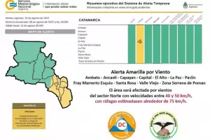 Alerta amarilla por fuertes vientos en zona centro y Este de la provincia