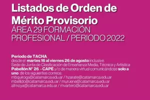 Per�odo de tacha para el Listado de Orden de M�rito del �rea 29 per�odo 2022