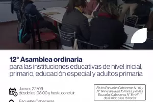 Se llevar a cabo la 12 Asamblea ordinaria para nivel inicial, primario, educacin especial y adultos primaria