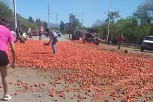 Volc� el acoplado de un cami�n y la carga de tomate qued� dispersa en la ruta