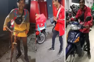 Gran gesto: Trabaja haciendo delivery en bicicleta y sus amigos le regalaron una moto y un celular