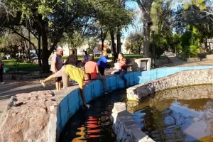 Hartos de reclamar, vecinos desagotaron por su cuenta el agua estancada de una fuente