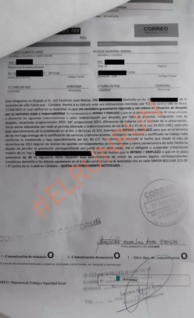 Matías Alé respondió con una carta documento ante la denuncia de la supuesta ex empleada (Captura: twitter / líopecoraro)