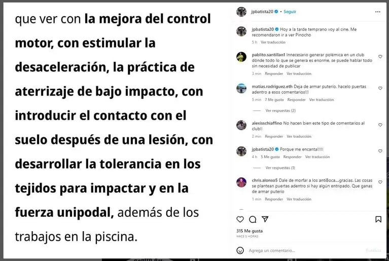 El posteo del mdico de Boca, Jorge Batista en donde muestra su malestar por el entrenamiento de Marcos Rojo en Miami. (Instagram)