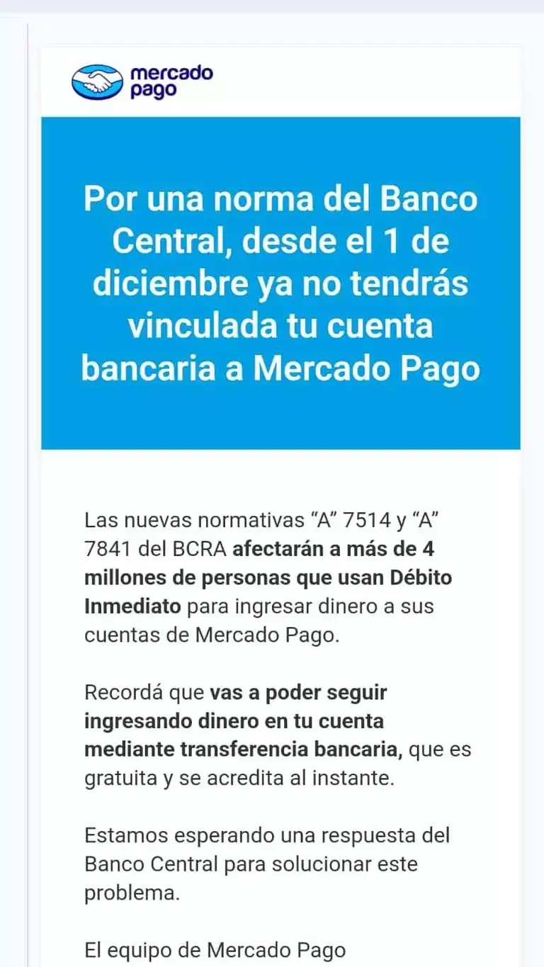 La comunicación de Mercado Pago.