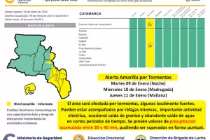 Rige alerta amarilla por tormentas para Catamarca
