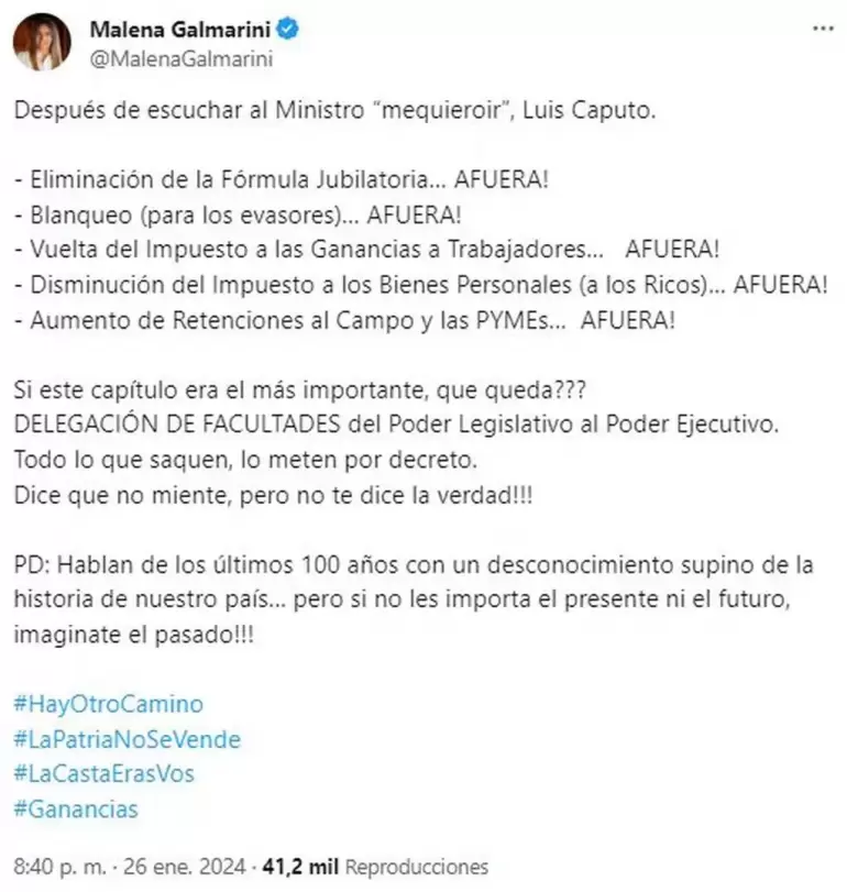 El tuit de Malena Galmarini tras los anuncios de Caputo.