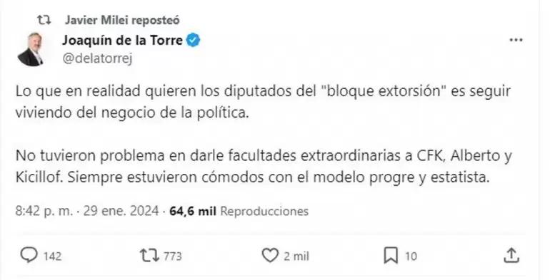 El reposteo de Javier Milei de un tuit de Joaqun de la Torre