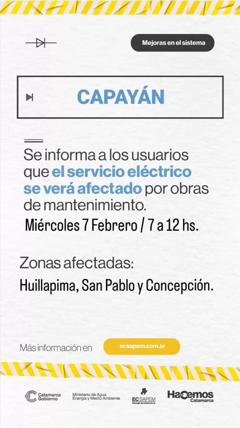 Aviso de restriccin del servicio de energa en localidades de Capayn.