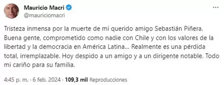 Macri compartió sus condolencia por la muerte del expresidente de chile