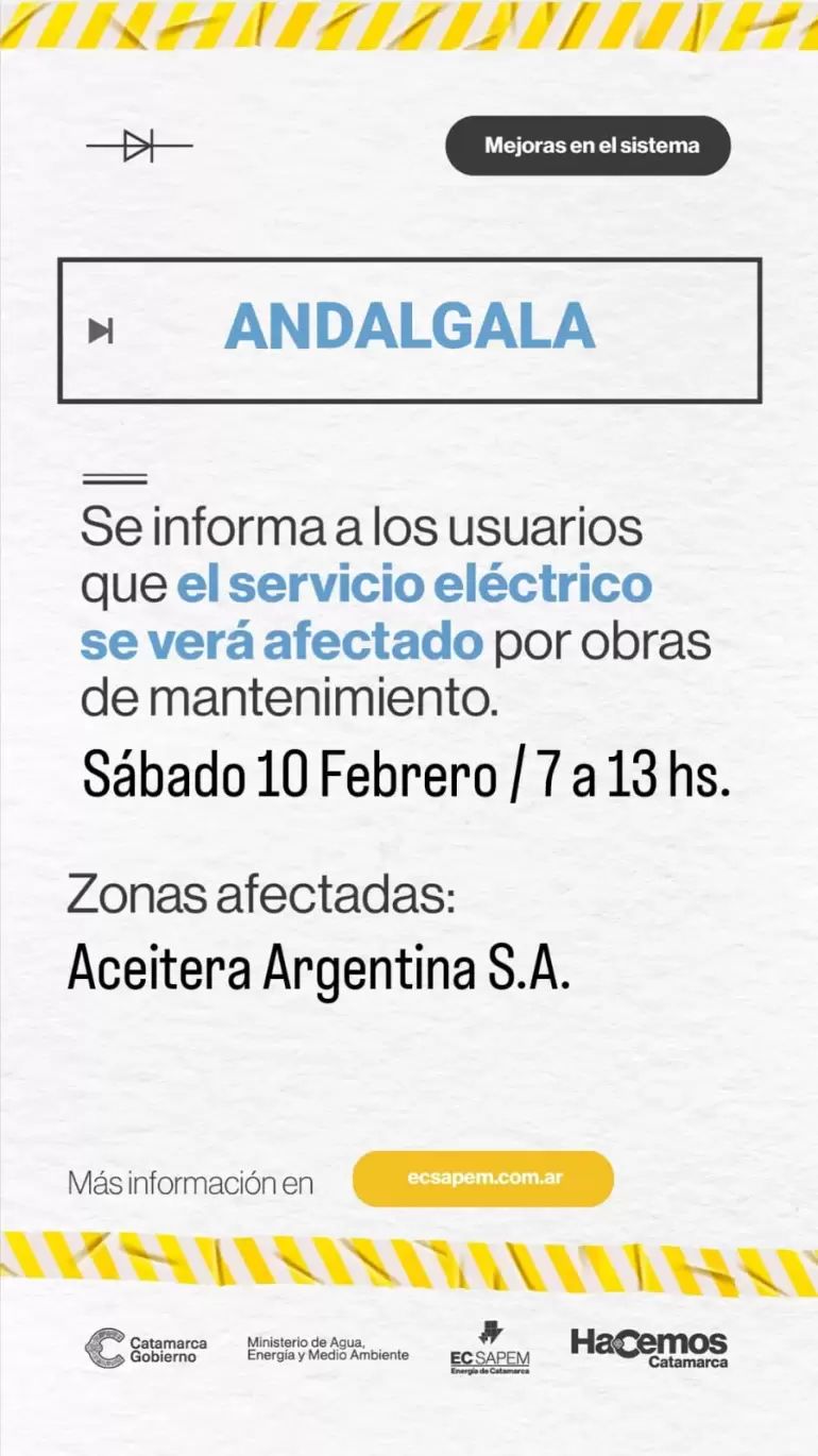 Aviso de restriccin del servicio elctrico en Andalgal
