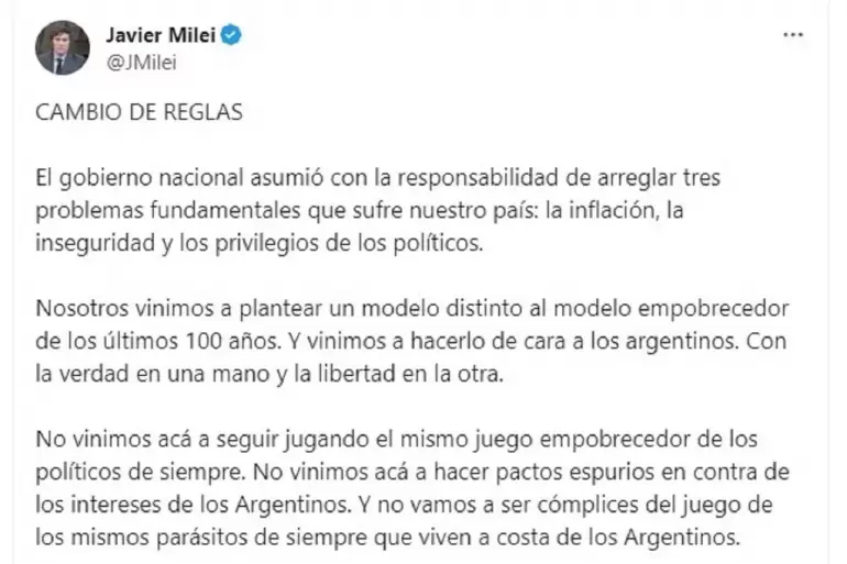 Tuit de Milei "Cambio de Reglas"