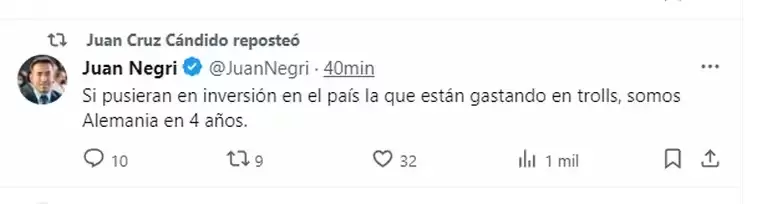 Juan Cruz Cndido reposte un tuit contra el gobierno de Javier Milei. (Foto: captura de X).