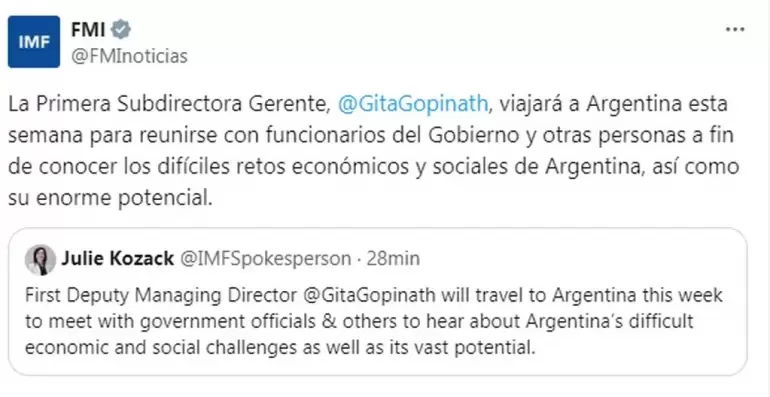 El anuncio de la visita de Gita Gopinath a la Argentina.