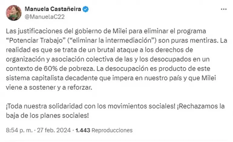 La dirigente de izquierda Manuela Casta�eira repudi� la eliminaci�n del Plan Potenciar