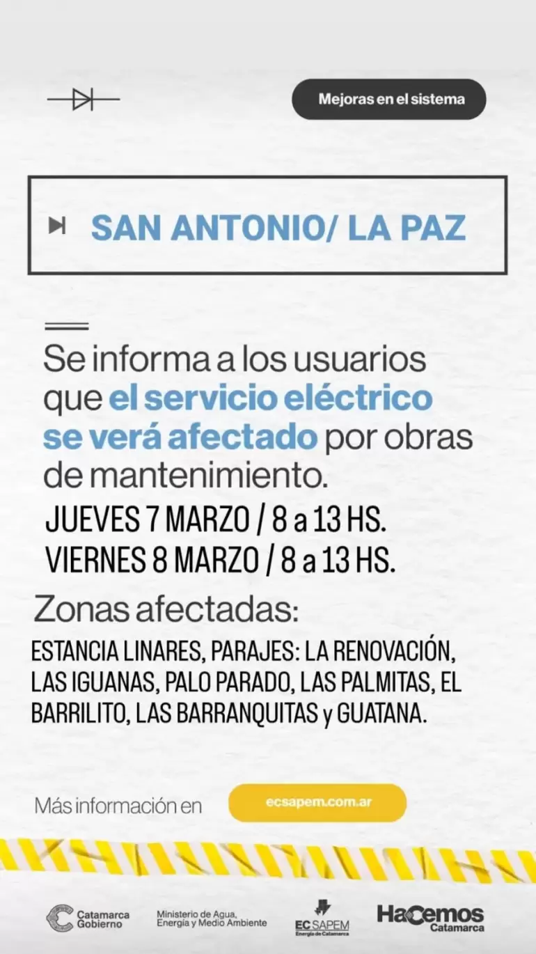 Aviso de restriccin del servicio de energa en parajes de San Antonio de La Paz.