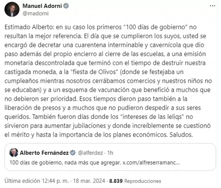 El vocero presidencial, Manuel Adorni, sali al cruce de los cuestionamientos del exmandatario Alberto Fernndez al Gobierno