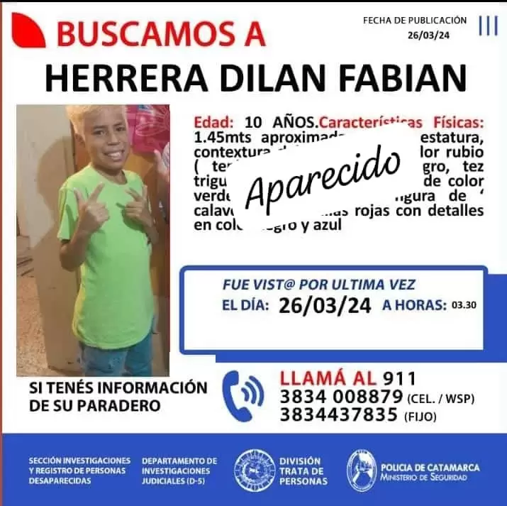 Encontraron a Herrera Dilan Fabian, el nio de 10 aos que se encontraba desaparecido