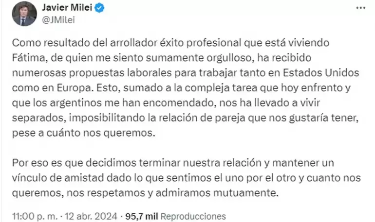 Javier Milei se separ de Ftima Florez