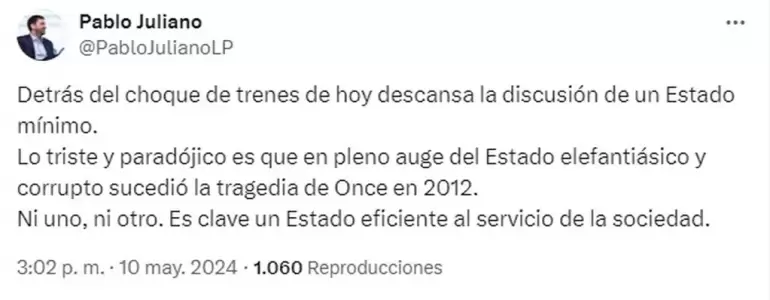 Pablo Juliano apuntó tanto contra la gestión actual como contra los gobiernos kirchneristas.