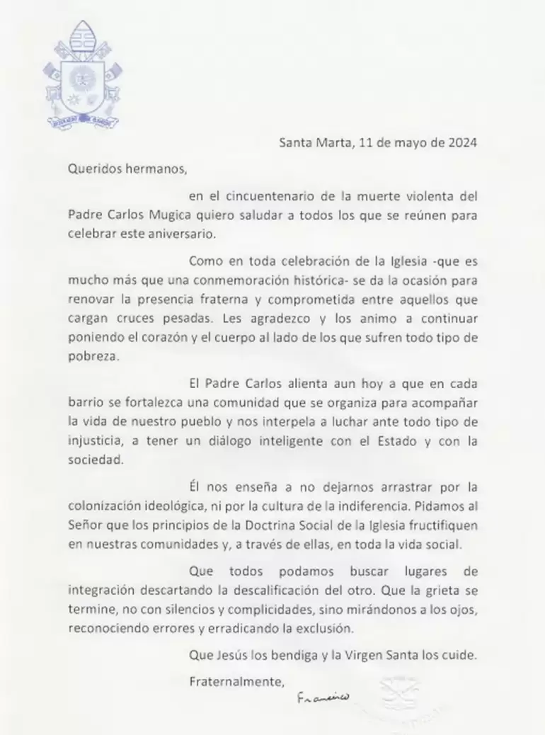 La carta del Papa en el 50 aniversario del asesinato de Carlos Mugica