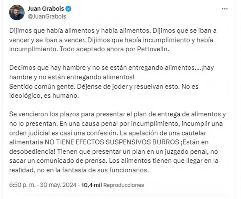 El tuit de Juan Grabois en respuesta a Pettovello