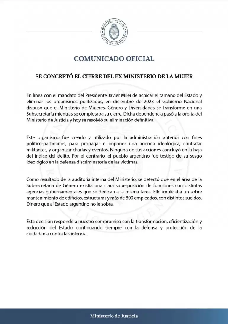 El Gobierno confirm la eliminacin del ex Ministerio de las Mujeres, Gneros y Diversidad.