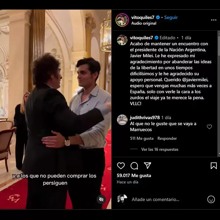 Vito Quiles se encontró con Javier Milei en Madrid y le agradeció su apoyo