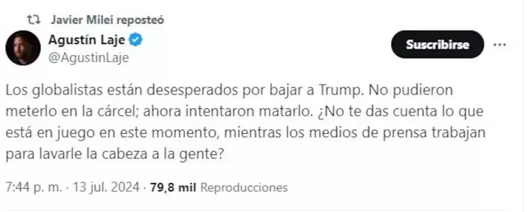 El presidente Javier Milei comparti un mensaje en repudio al intento de asesinato a Donald Trump. (Foto: X @JMilei)
