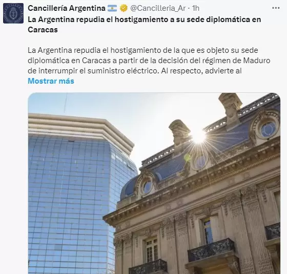 La Argentina repudia el hostigamiento a su sede diplomtica en Caracas