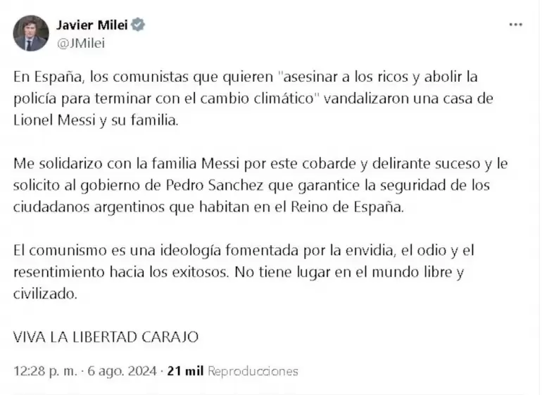 El tuit del mandatario en solidaridad con Messi