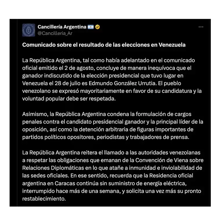 El comunicado emitido por Cancillera