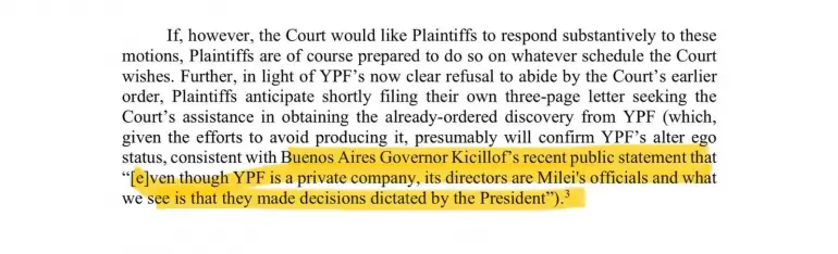 Fragmento del escrito que presentó Burford invocando las palabras de Kicillof