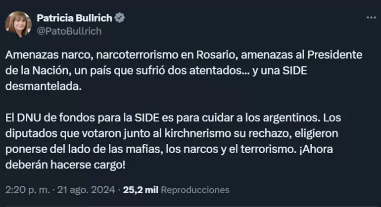 Patricia Bullrich cruz al PRO por rechazar el DNU que aumentaba el presupuesto para la SIDE