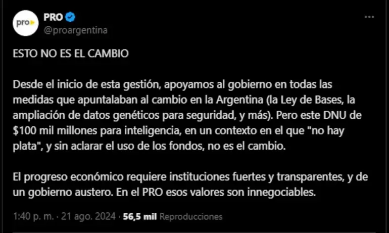 El duro mensaje del PRO contra el Gobierno por los fondos millonarios que otorgaron a la SIDE