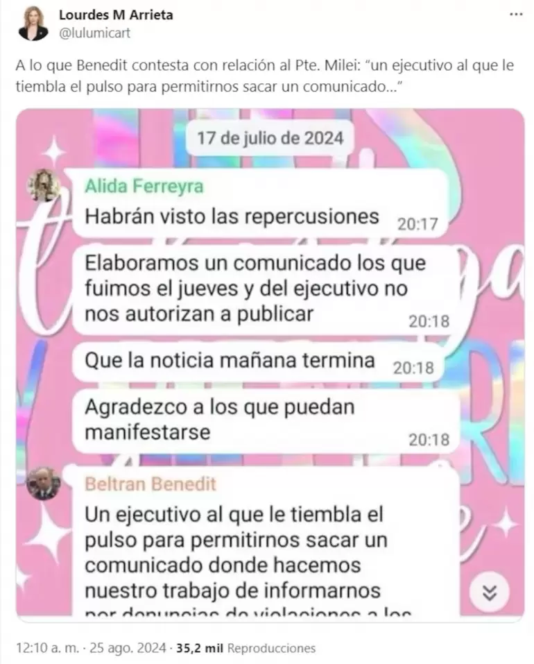 Arrieta, difundi capturas de chats de WhatsApp sobre la visita a represores presos. (Foto: captura X @lulumicart)