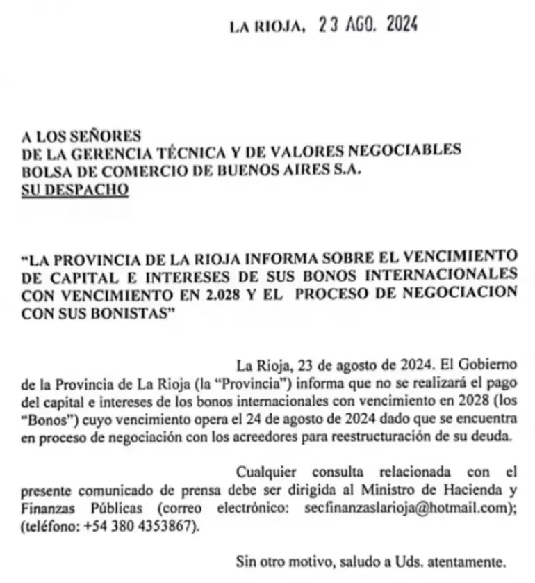La nota enviada por el gobierno de Quintela a la Bolsa de Comercio de Buenos Aires.