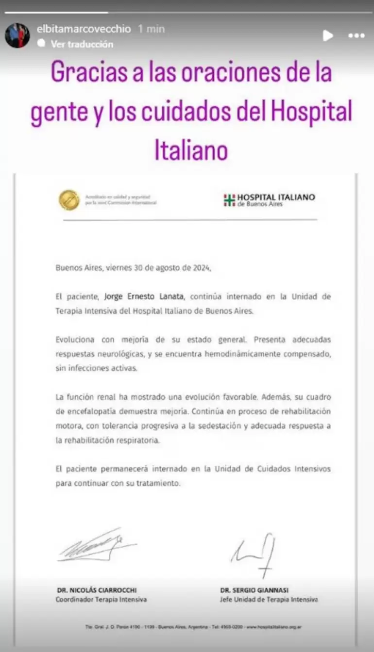 Qu dice el nuevo parte mdico de Jorge Lanata