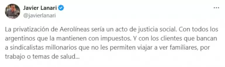 El tuit que public Javier Lanari, subsecretario de Prensa de la Nacin