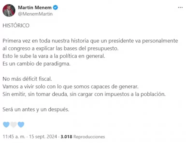 Martin Menem tuit sobre el discurso de Milei