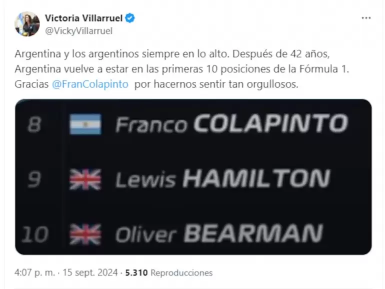 Tuit de Villarruel para Franco Colapinto