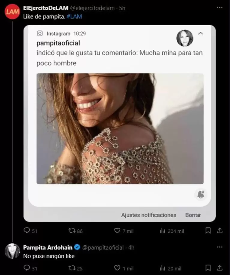 Qu dijo Pampita cuando la acusaron de hundir a Roberto Garca Moritn con un polmico like. (Foto: Captura Twitter).