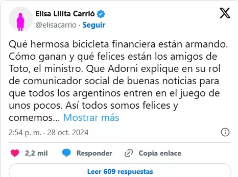 Elisa Carri critic al ministro de Economa, Luis Caputo