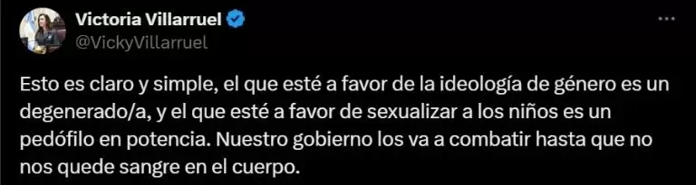 El posteo de Victoria Villarruel en X contra la ideolog�a de g�nero.