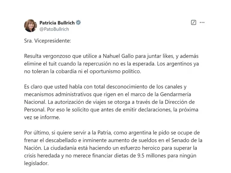 El tuit de Patricia Bullrich en respuesta a Villarruel